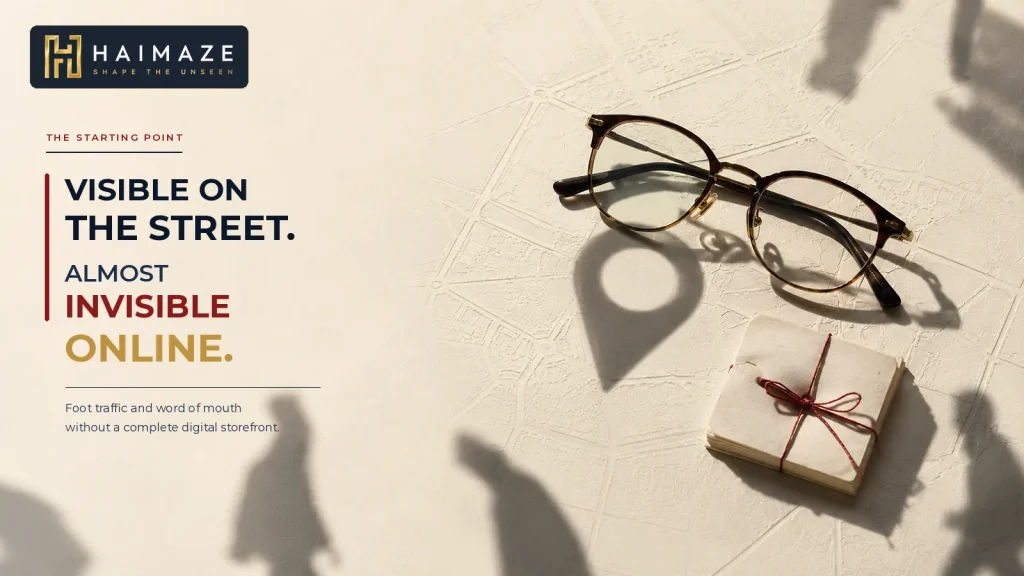 Lunettes posées sur un plan en relief du quartier Agdal avec des ombres de piétons, illustrant la dépendance au trafic piéton et au bouche-à-oreille.