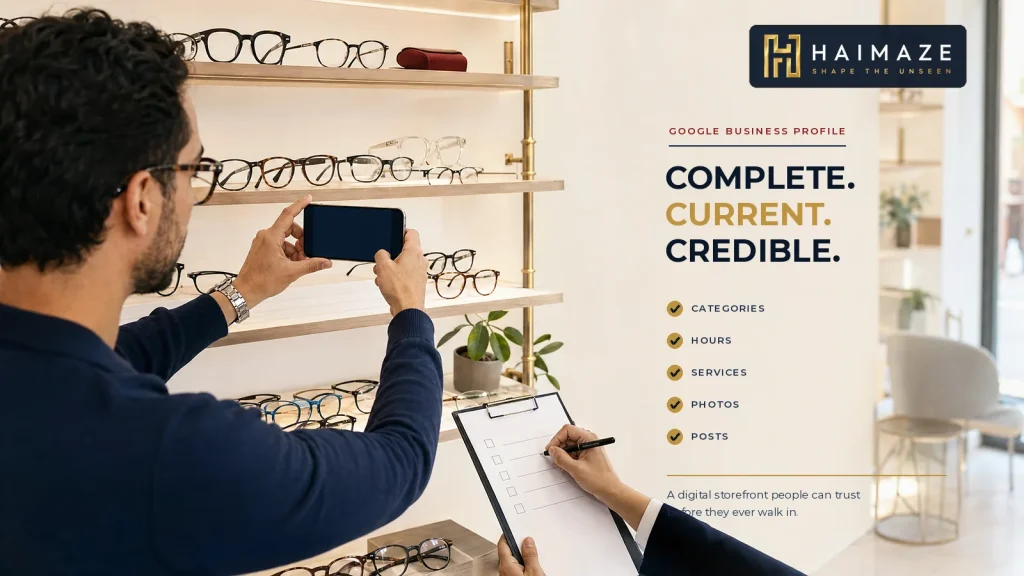 Opticien photographiant une vitrine de lunettes tout en complétant une check-list Google Business Profile.