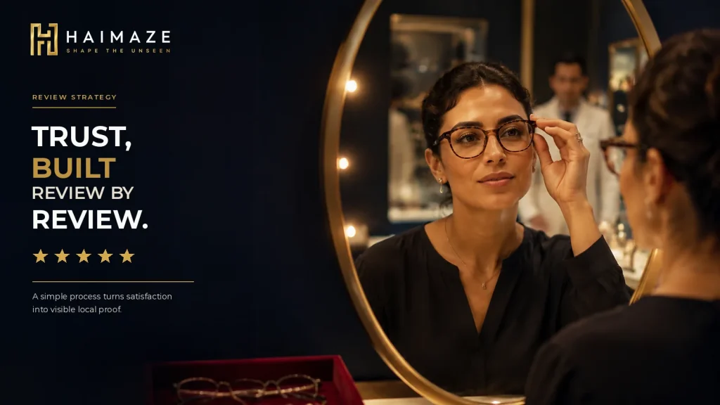 Cliente essayant des lunettes devant un miroir, illustrant la confiance construite grâce à des avis Google authentiques.