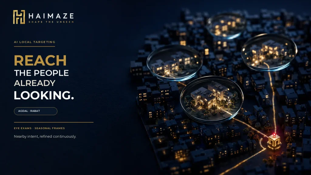 Verres correcteurs faisant le point sur des habitations voisines d'une carte de quartier miniature, représentant le ciblage local piloté par l'IA à Agdal.