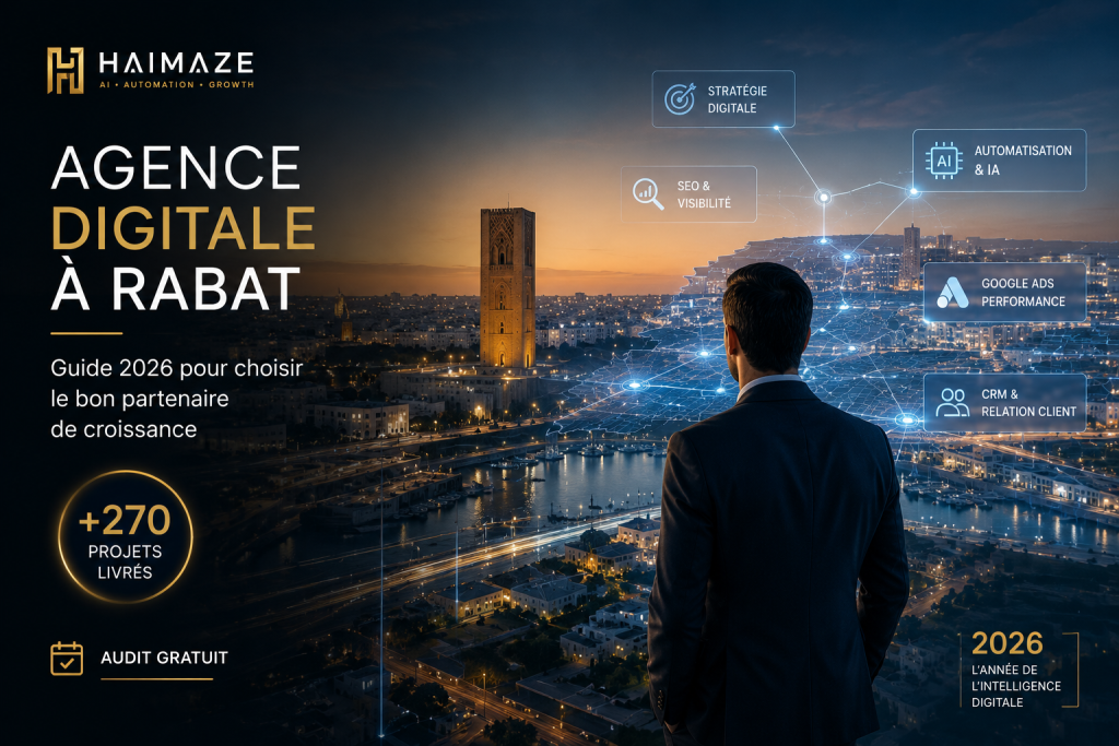 Agence digitale à Rabat présentant des services d’IA, SEO, Google Ads, CRM et automatisation marketing avec vue de la Tour Hassan et de la Marina de Rabat.