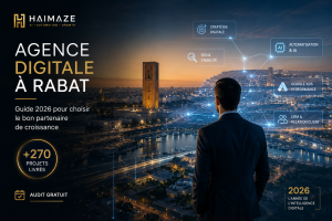 Agence digitale à Rabat présentant des services d’IA, SEO, Google Ads, CRM et automatisation marketing avec vue de la Tour Hassan et de la Marina de Rabat.