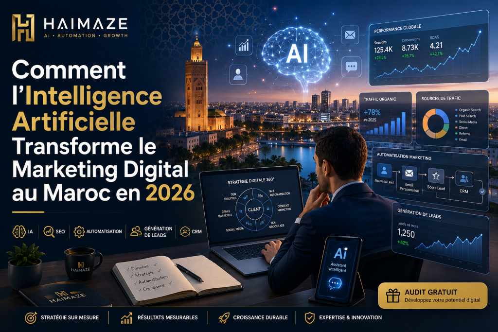 Intelligence artificielle et marketing digital au Maroc en 2026 avec automatisation, SEO, CRM et génération de leads par Haimaze.
